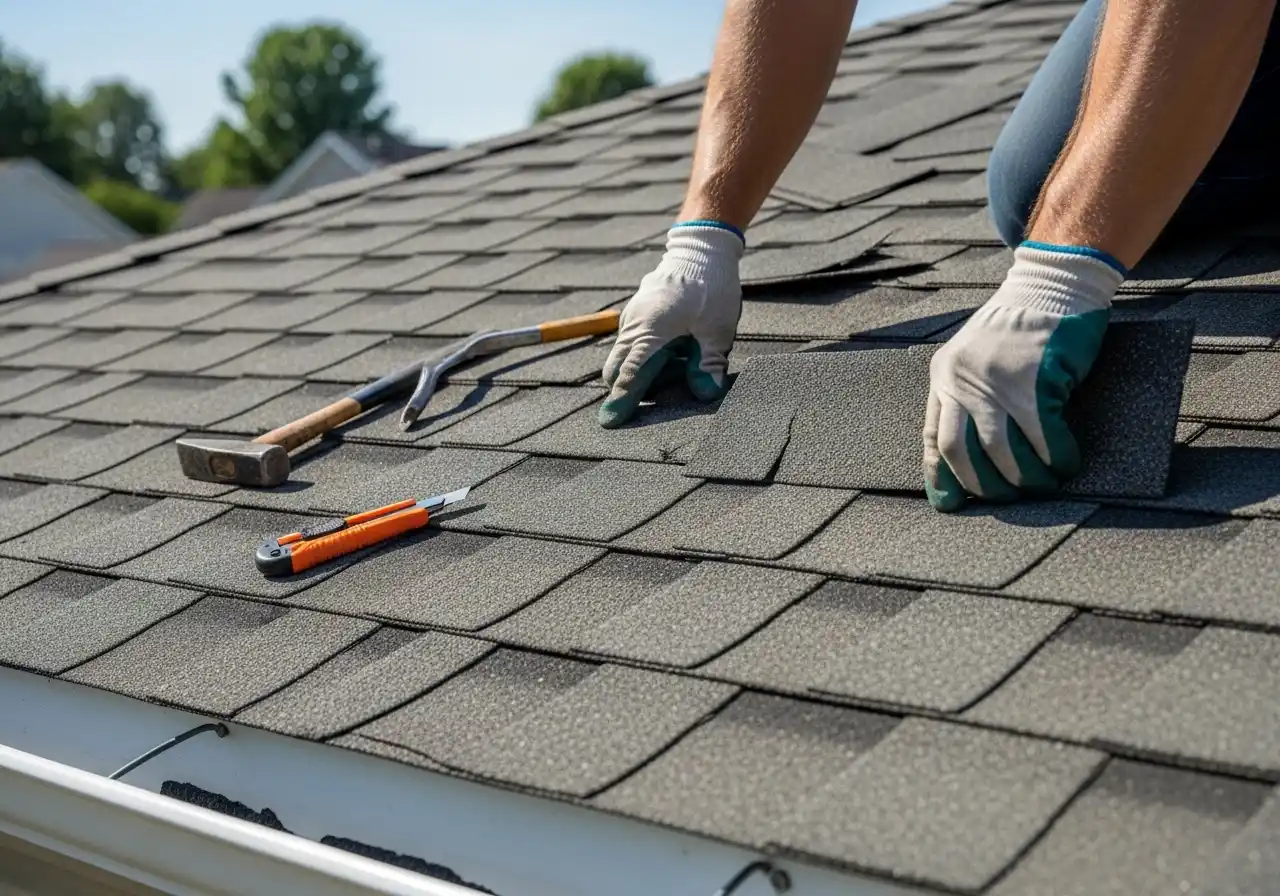 Professional assessing extent of shingle roof damage