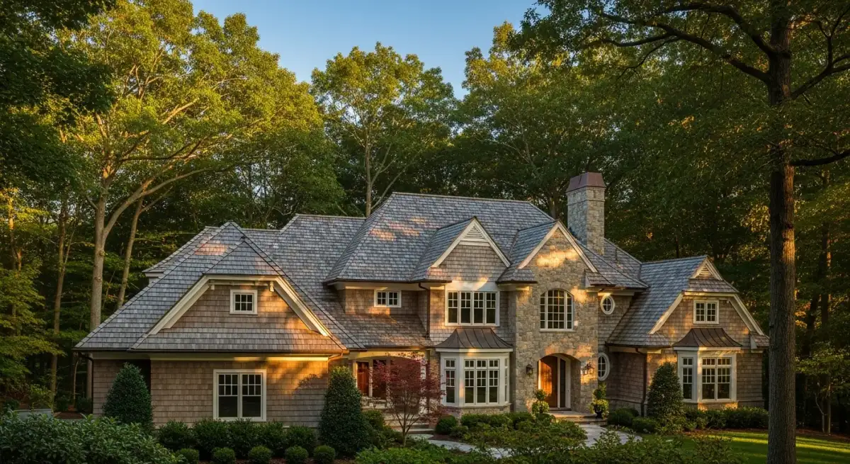 Cedar shake roof on a custom home in Great Falls Virginia showing natural weathering