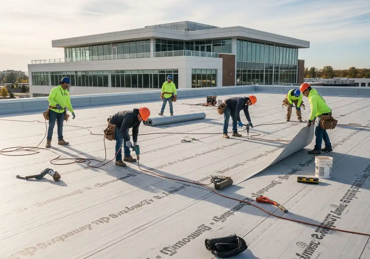 Professional flat roofing company team working on commercial roof