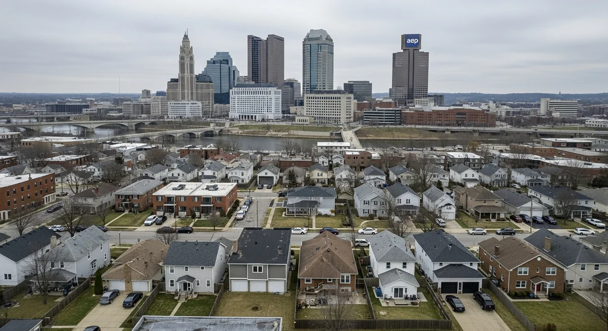 Columbus Ohio residential neighborhood showing homes with rooftops being inspected