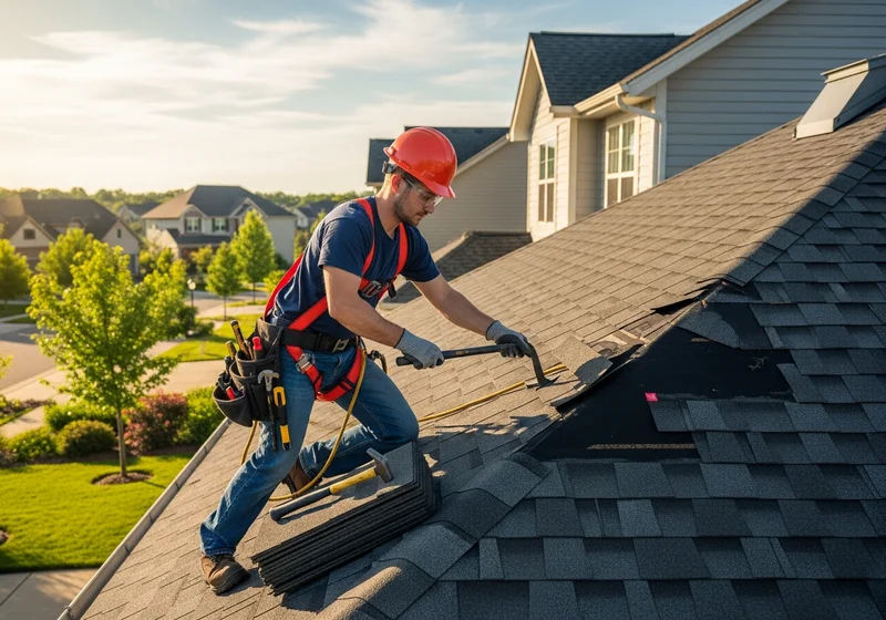 Professional roofer fixing damaged roofing shingles on residential home