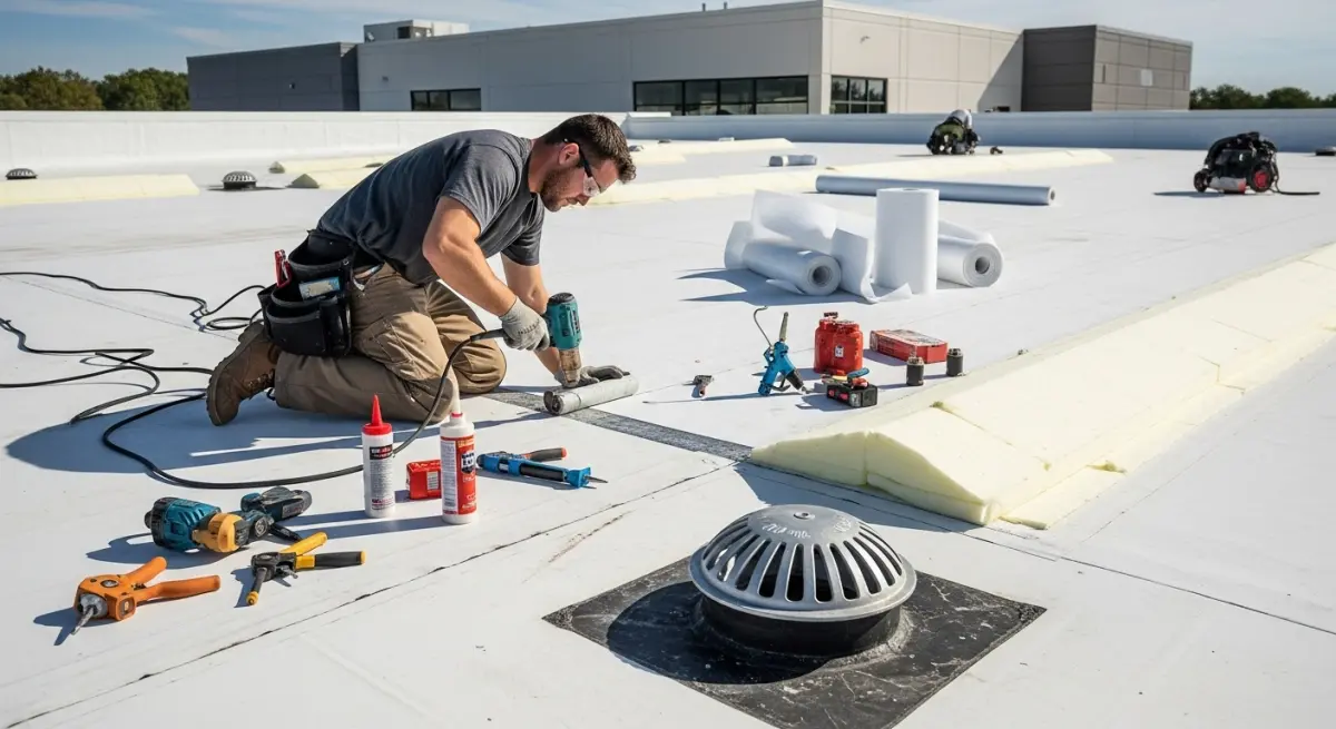 Professional flat roof roofers performing specialized repair work