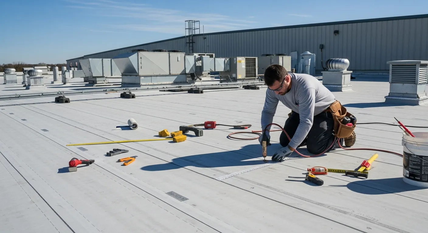 Professional flat roof roofers performing specialized repair work on a Northern Virginia commercial building
