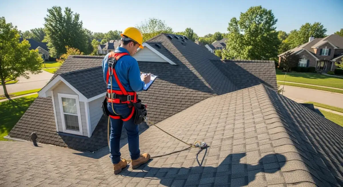 Roof inspector checking shingles on a Reston VA home near Sunrise Valley