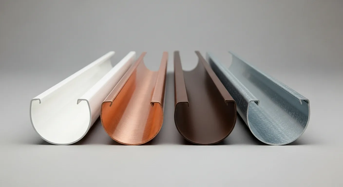 Aluminum, steel, and copper gutter material samples for Northern Virginia homes