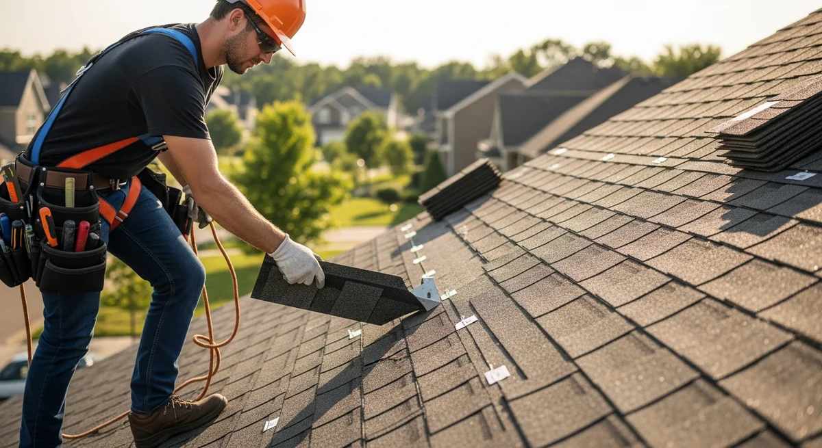 Professional roofing contractor performing roof repair on asphalt shingles