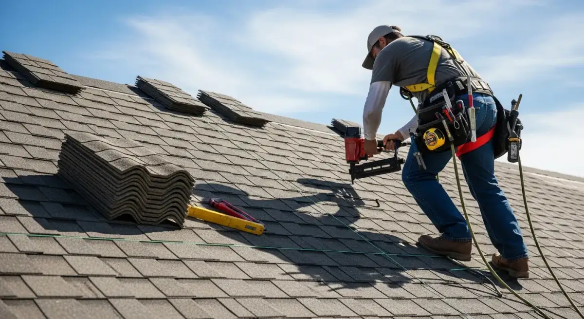 Roofing contractor working on a home in Chantilly VA near Sully Station