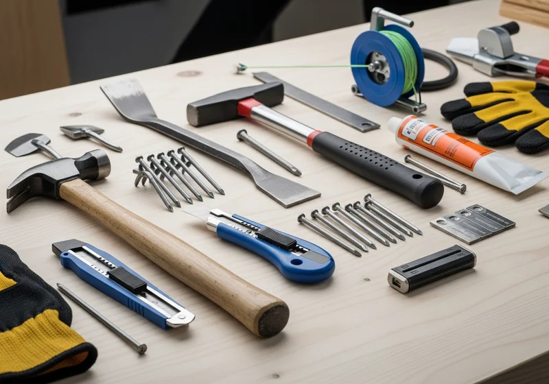 Professional roofing tools laid out for shingle repair work