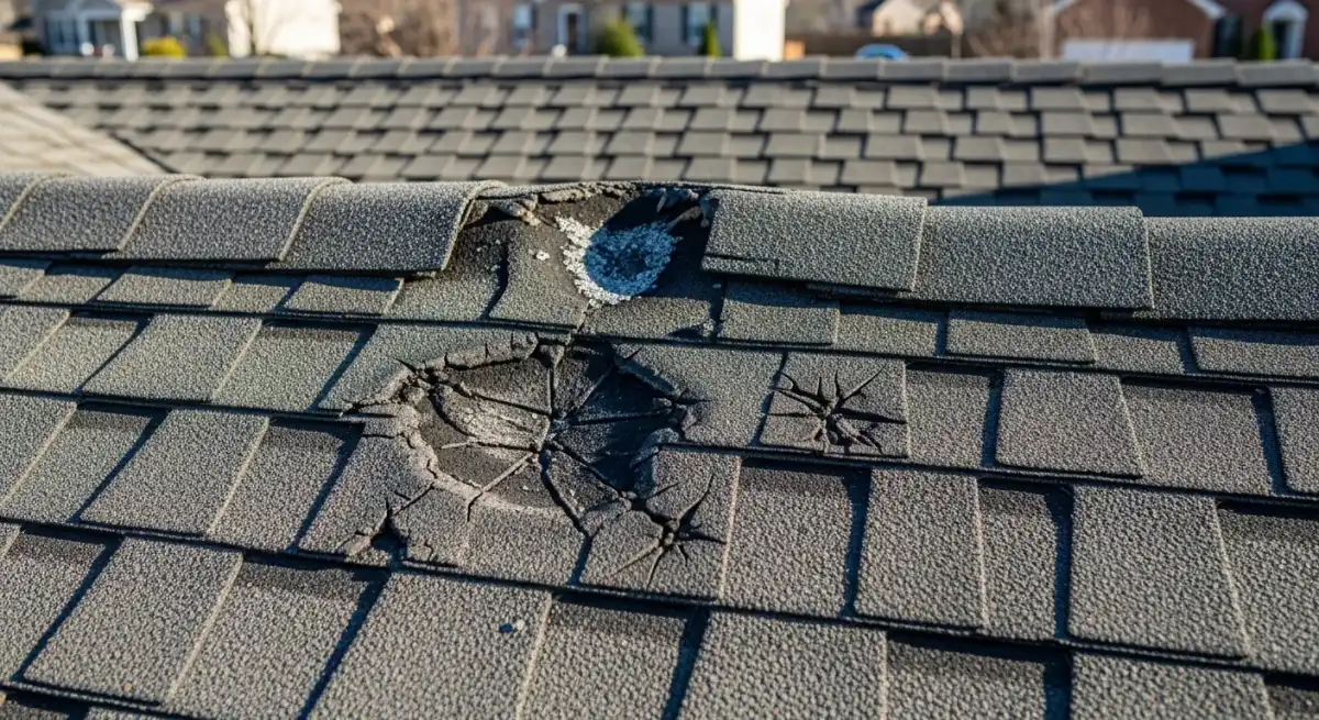 Storm damage to shingles on a Chantilly VA home near the Dulles corridor