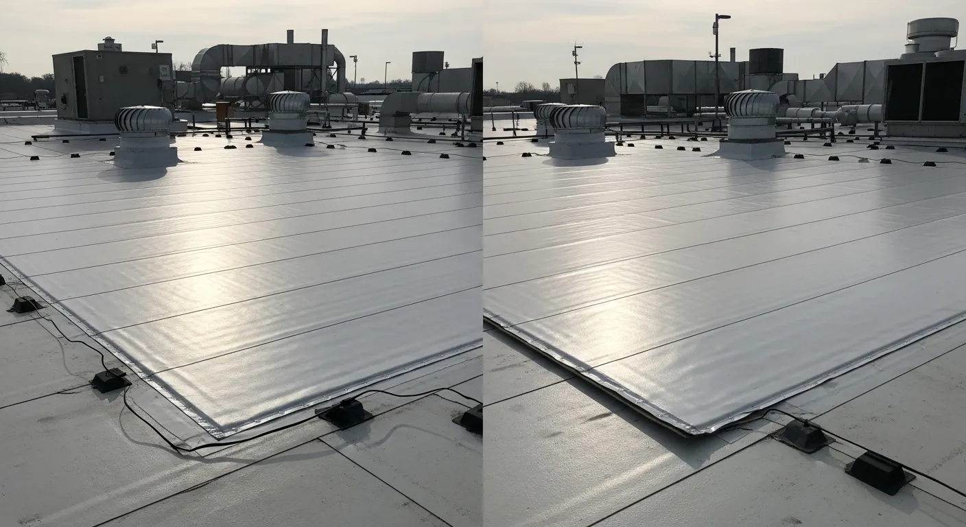 Energy efficient TPO white membrane flat roof installation