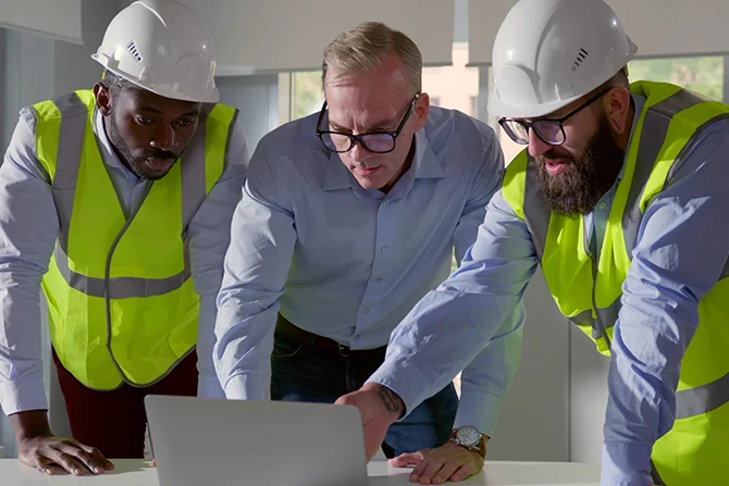 Professional roofing company office and team