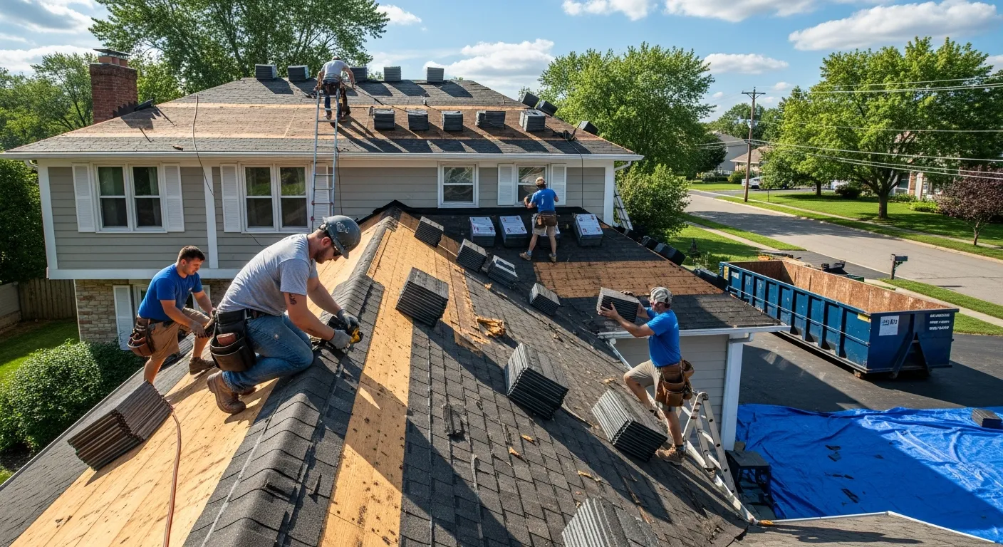 Roof replacement service in progress on a Chantilly VA colonial home